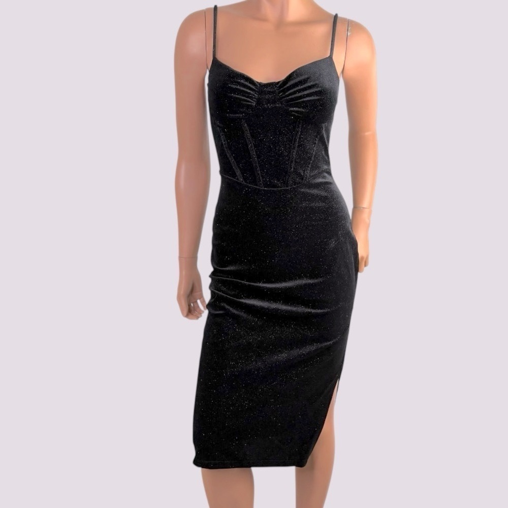 90s Black Corset Goth Prom Dress Vamp Velvet Glitter WhimsiGoth Bodycon M